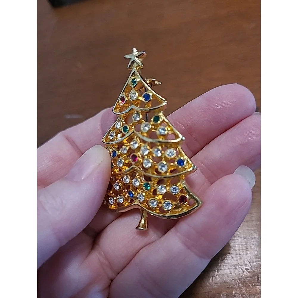 Vintage Gold Tone Metal Rhinestone Christmas Tree‎ Brooch Pin 2
